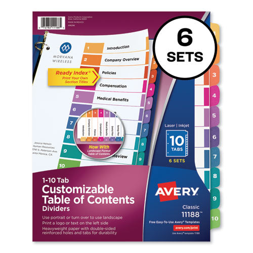 Customizable Toc Ready Index Multicolor Tab Dividers, 10-tab, 1 To 10, 11 X 8.5, White, Traditional Color Tabs, 6 Sets