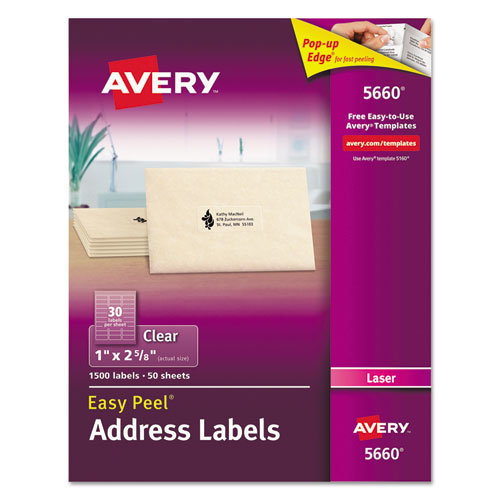 Matte Clear Easy Peel Mailing Labels W/ Sure Feed Technology, Laser Printers, 1 X 2.63, Clear, 30/sheet, 50 Sheets/box