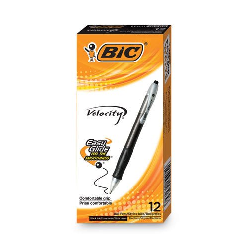 Velocity Easy Glide Ballpoint Pen, Retractable, Medium 1 Mm, Black Ink, Translucent Black Barrel, Dozen