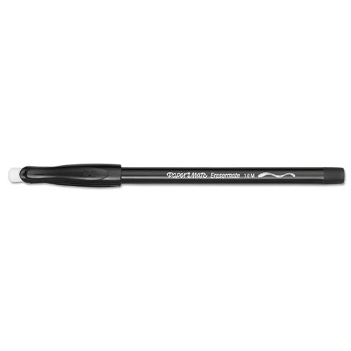 Eraser Mate Ballpoint Pen, Stick, Medium 1 Mm, Black Ink, Black Barrel, Dozen