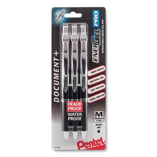 Energel Pro Gel Pen, Retractable, Medium 0.7 Mm, Black Ink, Black Barrel, 3/pack