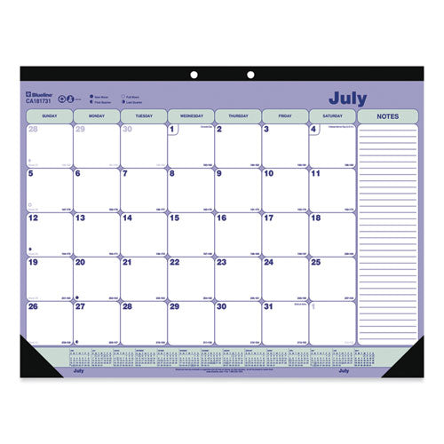 Academic Monthly Desk Pad Calendar, 21.25 X 16, White/blue/green, Black Binding/corners, 13-month (july-july): 2023 To 2024