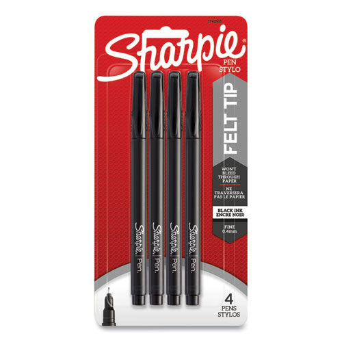 Water-resistant Ink Porous Point Pen, Stick, Fine 0.4 Mm, Black Ink, Black/gray Barrel, 4/pack