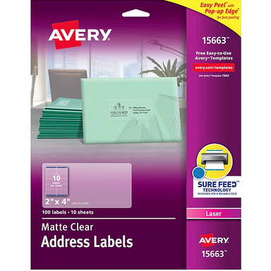 Avery Matte Clear Labels 2 x 4- 10 per sheet, 50 Sheets - A1 School Supplies