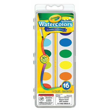 Crayola® Washable Watercolors, 16 semi-moist oval pans & brush - A1 School Supplies