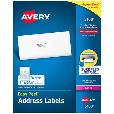 Avery® Address Labels, Permanent Adhesive, 1" x 2-5/8", 3,000 Labels (5160) - A1 School Supplies